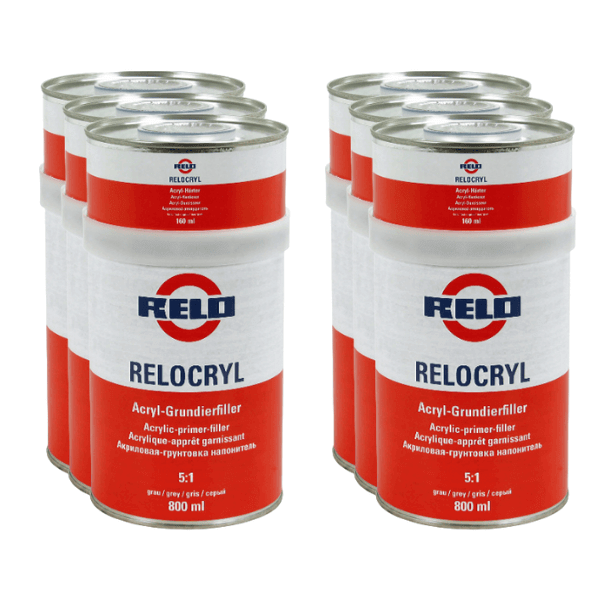 Relo Grundierfiller Grey 960ml Incl. Hardener cans arranged for automotive refinishing.