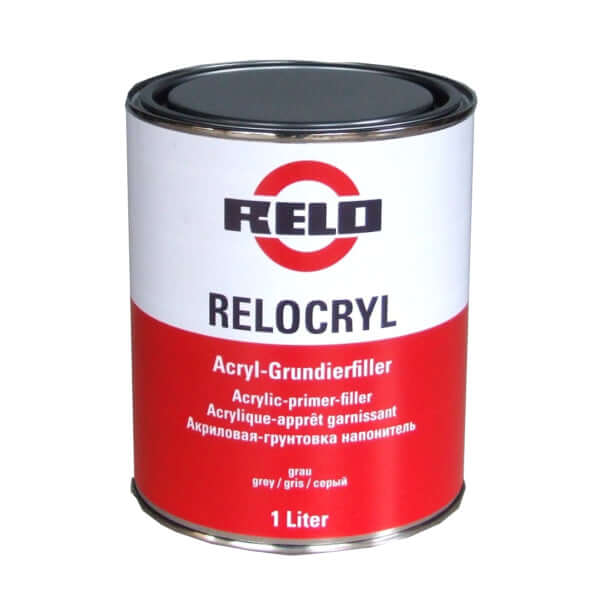 Relocryl Acrylic Primer Filler canister with red label for high-build surface preparation.