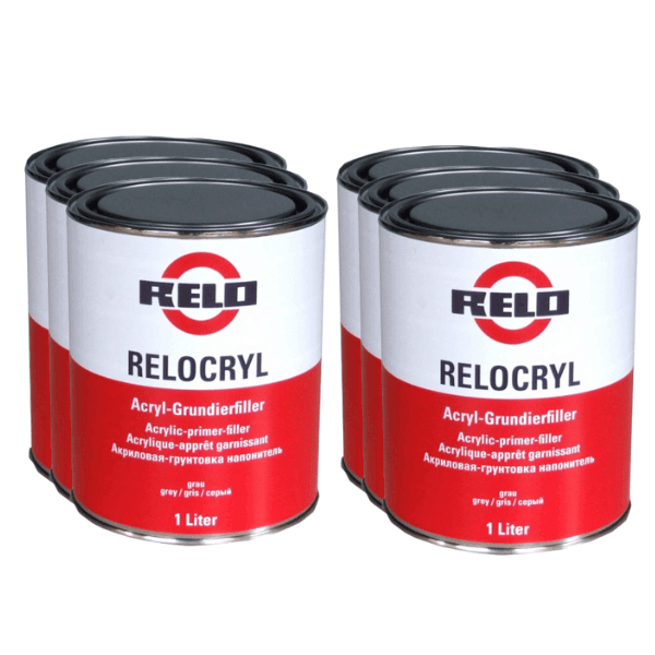 Relocryl Acrylic Primer Filler cans arranged in a row, ideal for creating a flawless paint finish.
