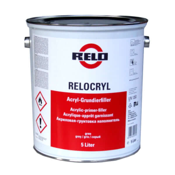 Relocryl Acrylic Primer Filler in a 5-liter can, ideal for creating a flawless paint finish.