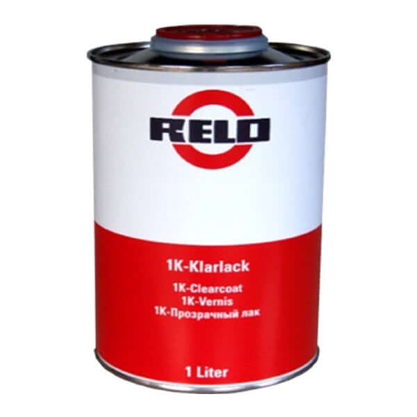 Relo 1K Clear Lacquer 1lt can featuring 1K-Clearcoat for automotive refinishing and quick spot repairs.