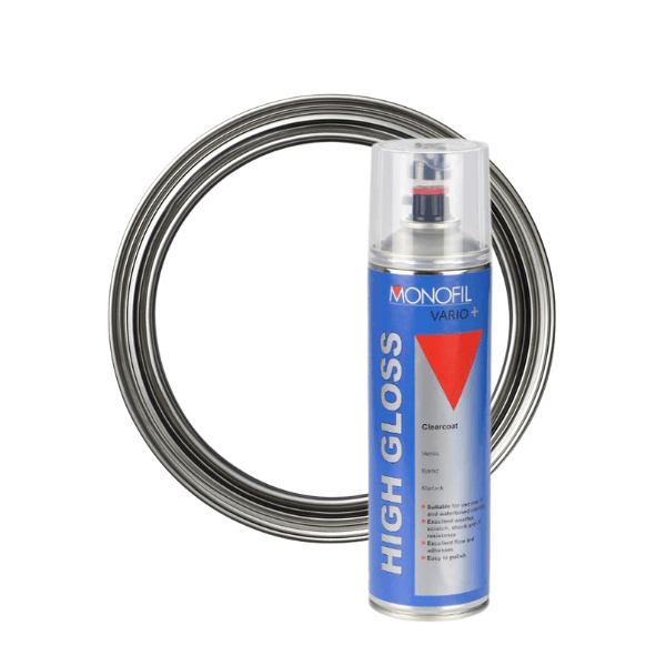 Monofil Vario+ Clearcoat (500ML) spray can with high gloss finish and metal ring for easy application.