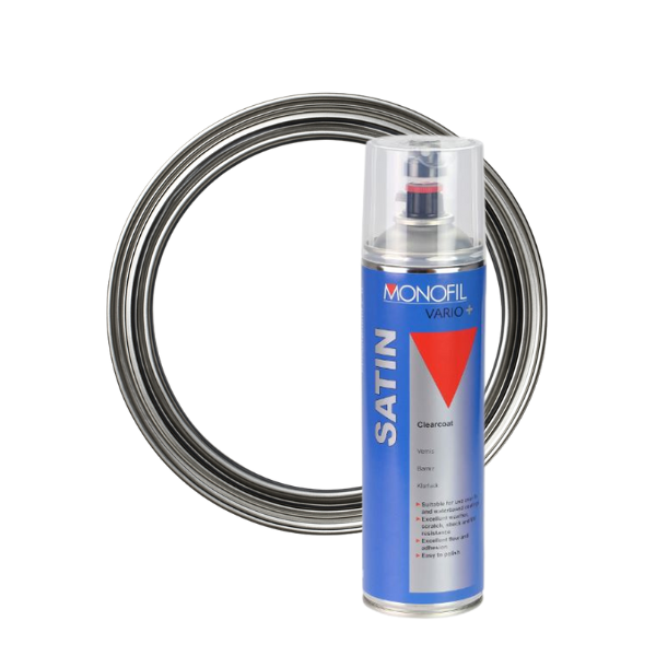 Can of Monofil Vario Satin Clearcoat with a coil of wire on a white background