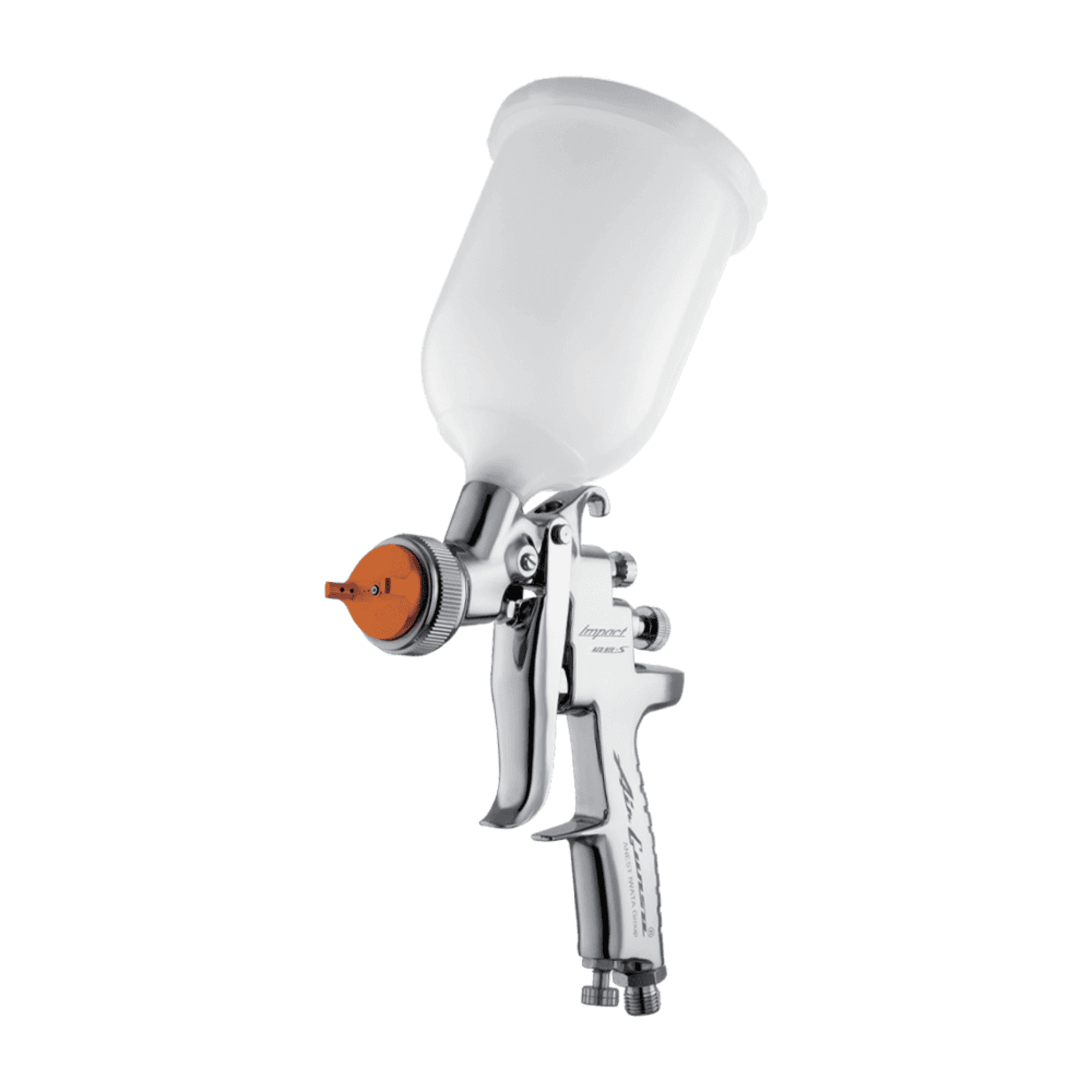Anest Iwata Air Gunsa AZ3 HTE-S Impact Chrome Gravity Feed Spray Gun side view with clear cup.