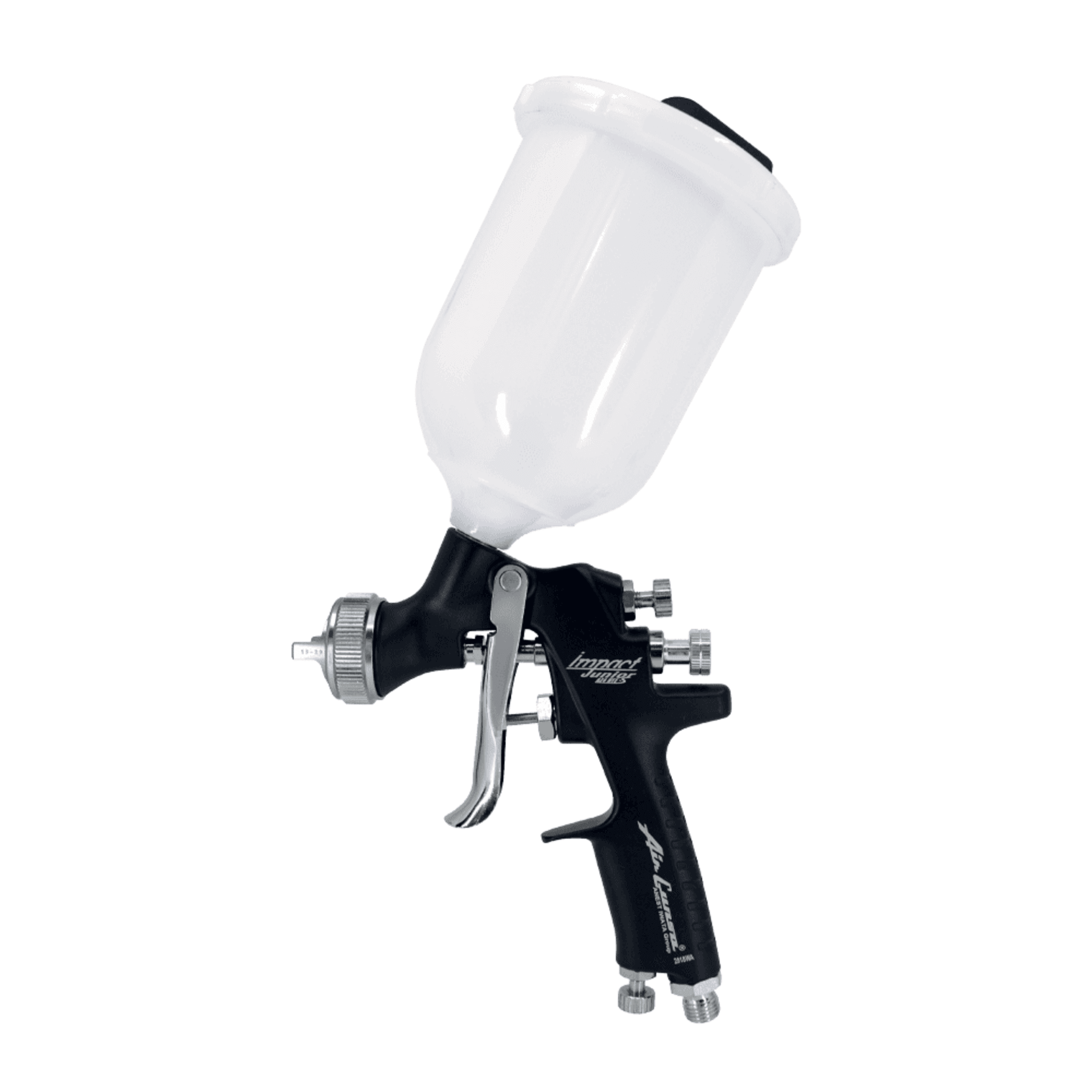 Anest Iwata Air Gunsa AZ4 HTE-S Impact Junior Gravity Feed Spray Gun in black with a clear cup.