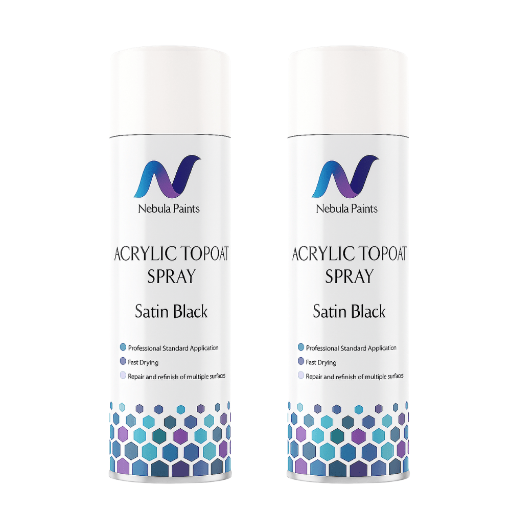 Nebula Paints Acrylic Topcoat Spray Paint (500 ml) Satin Black aerosol cans for fast drying car refinishing.