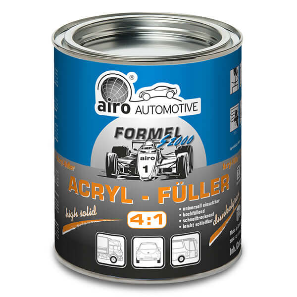 Airo-Chemie Formel S2000 Acrylic Filler 4:1 1 Litre - Dark Grey canister showcasing high solid content and fast drying properties.