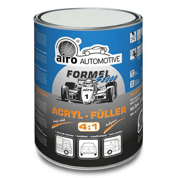 Airo-Chemie Formel S 2000 Acrylic Filler 4:1 4 Litre - Light Grey canister with labels and filling properties.