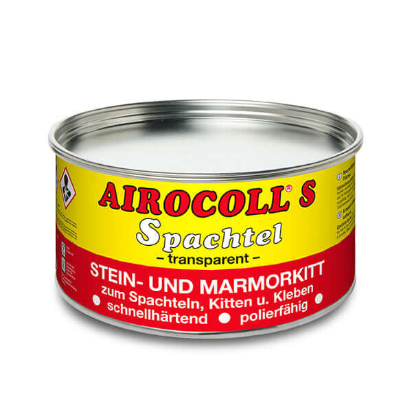 Airo-Chemie Airocoll S Stone Cement 1kg - Transparent in a metal can for effective surface repair applications.