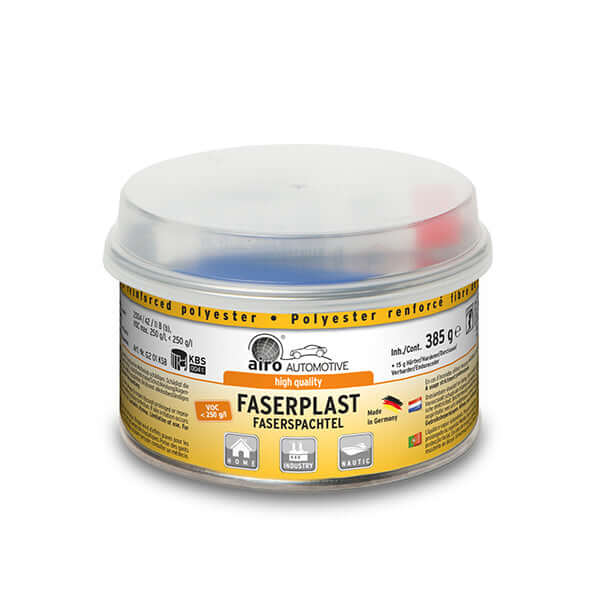 Airo-Chemie Faserplast Polyester Filler 400g + Spatula in a round container with a clear lid.