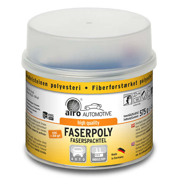 Airo-Chemie Faserpoly Yellow Polyester Resin 600g + Spatula packaging with brand logo and product details.