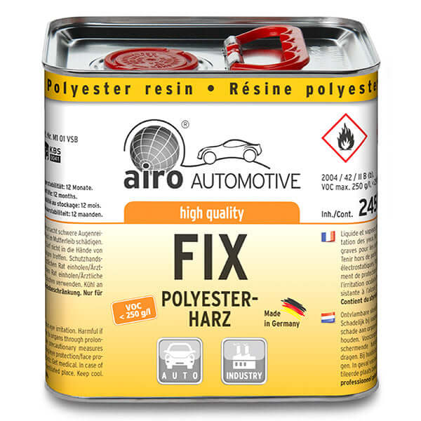 Airo-Chemie FIX Polyester Resin 5kg + Spatula packaging with safety information and brand logo.