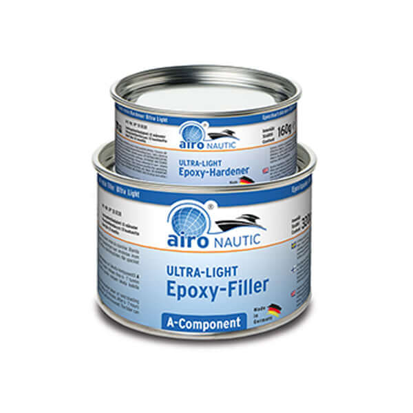 Airo-Chemie Nautic Ultra Light Epoxy Filler in two containers, showcasing lightweight epoxy for boat repairs.