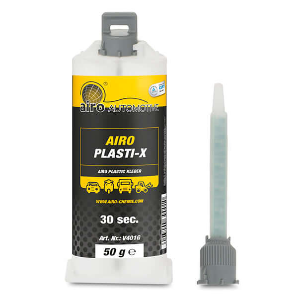 Plasti-X 2K PU Glue 0.5 min in packaging with nozzle, ideal for bonding and repairing plastic parts.