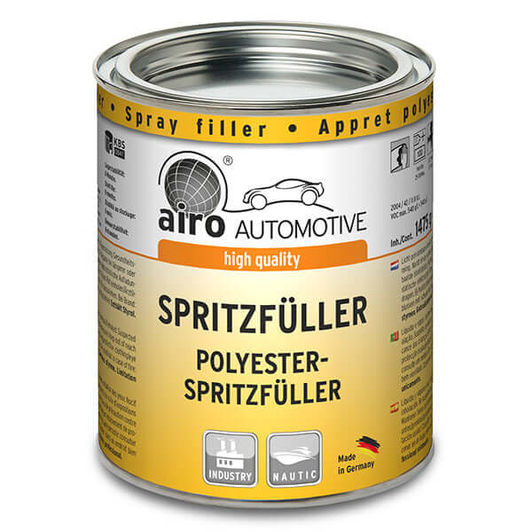 Airo-Chemie Polyester Sprayfiller 1.5kg - Grey can with detailed labeling and spray filler information.