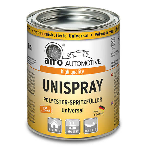 Airo-Chemie Unispray Grey Sprayable Filler 1.5kg can showcasing high-quality polyester universal filler.