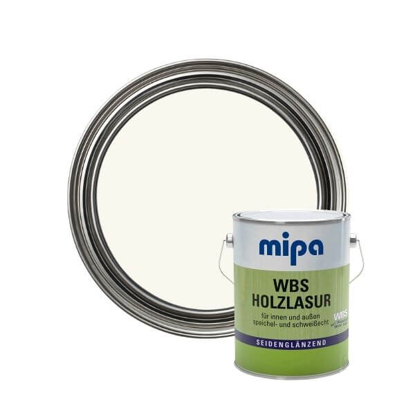 Mipa Paints WBS Wood Stain (2.5L) container with painted wood sample, ideal for interior and exterior use.
