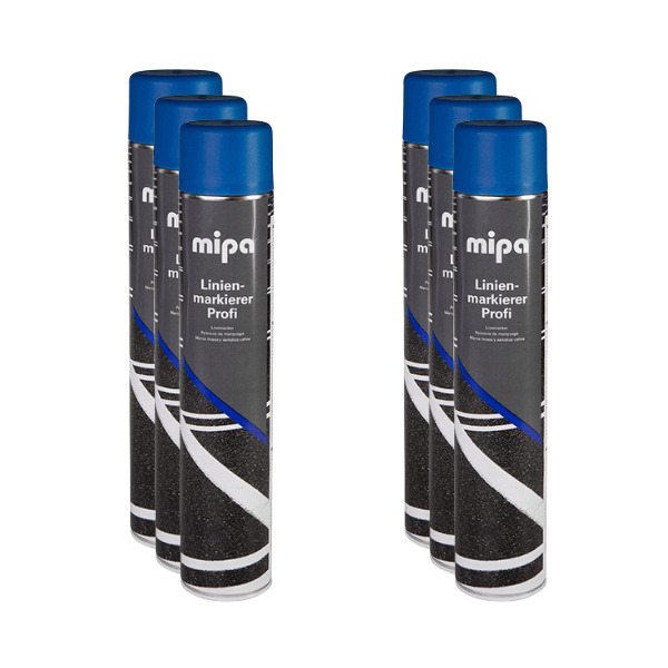 Mipa Line Marking Aerosol cans arranged in a display for professional surface marking.