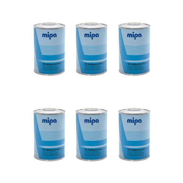 Mipa 1K Adhesion Promoter (1 Ltr) six cans arranged in a grid for adhesion improvement on various surfaces.