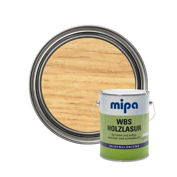 Mipa Paints WBS Wood Stain (2.5L) canister with wood stain swatch for interior and exterior use.