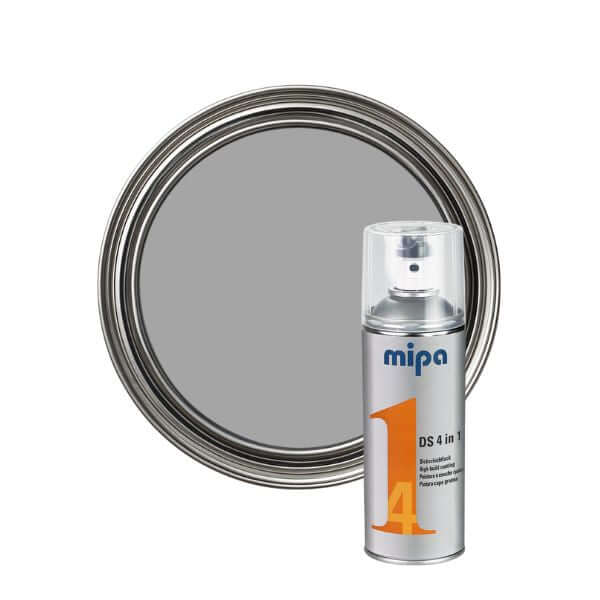 Mipa 4 in 1 DS Spray Paint (400ml) next to a round metal mirror, showcasing its versatility and high-quality finish.