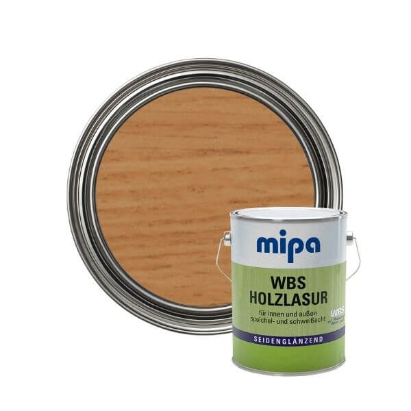 Mipa Paints WBS Wood Stain (2.5L) can with wood finish sample for interior and exterior wood protection.