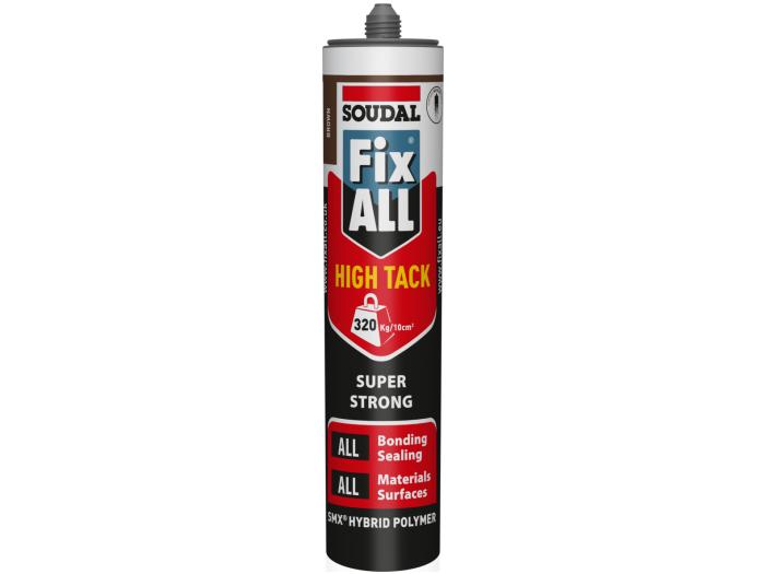 Soudal Fix ALL® High Tack Adhesive Sealant (290ml) packaging displaying product features and applications.
