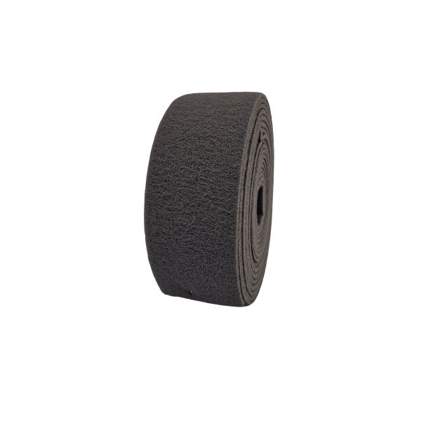 Gerko Scuff Rolls Ultra Fine 115mm X 10M Grey roll showing flexible non-woven abrasive surface for de-polishing.