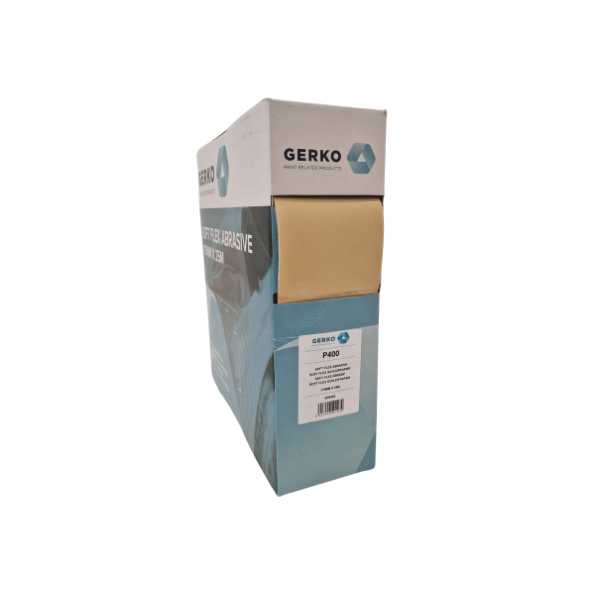 Gerko Soft Flex Abrasive Pads 115mm x 25m P400 Grit pack side view for versatile sanding.