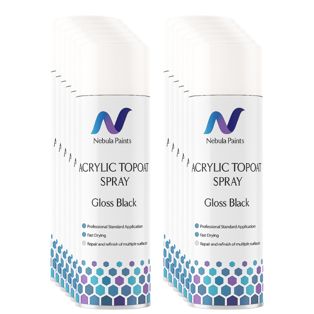 Nebula Paints Acrylic Topcoat Spray Paint (500 ml) in Gloss Black, ideal for fast-drying repairs on various surfaces.