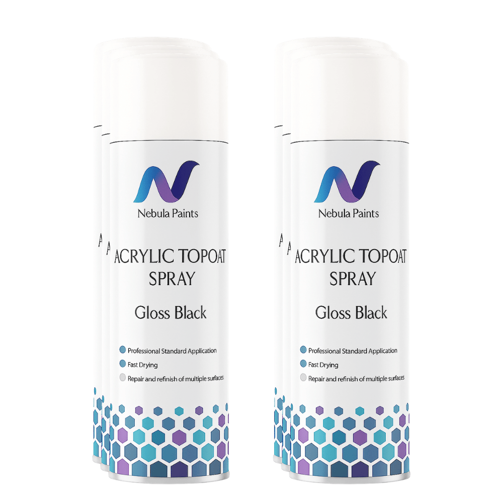 Nebula Paints Acrylic Topcoat Spray Paint (500 ml) in Gloss Black for professional applications.