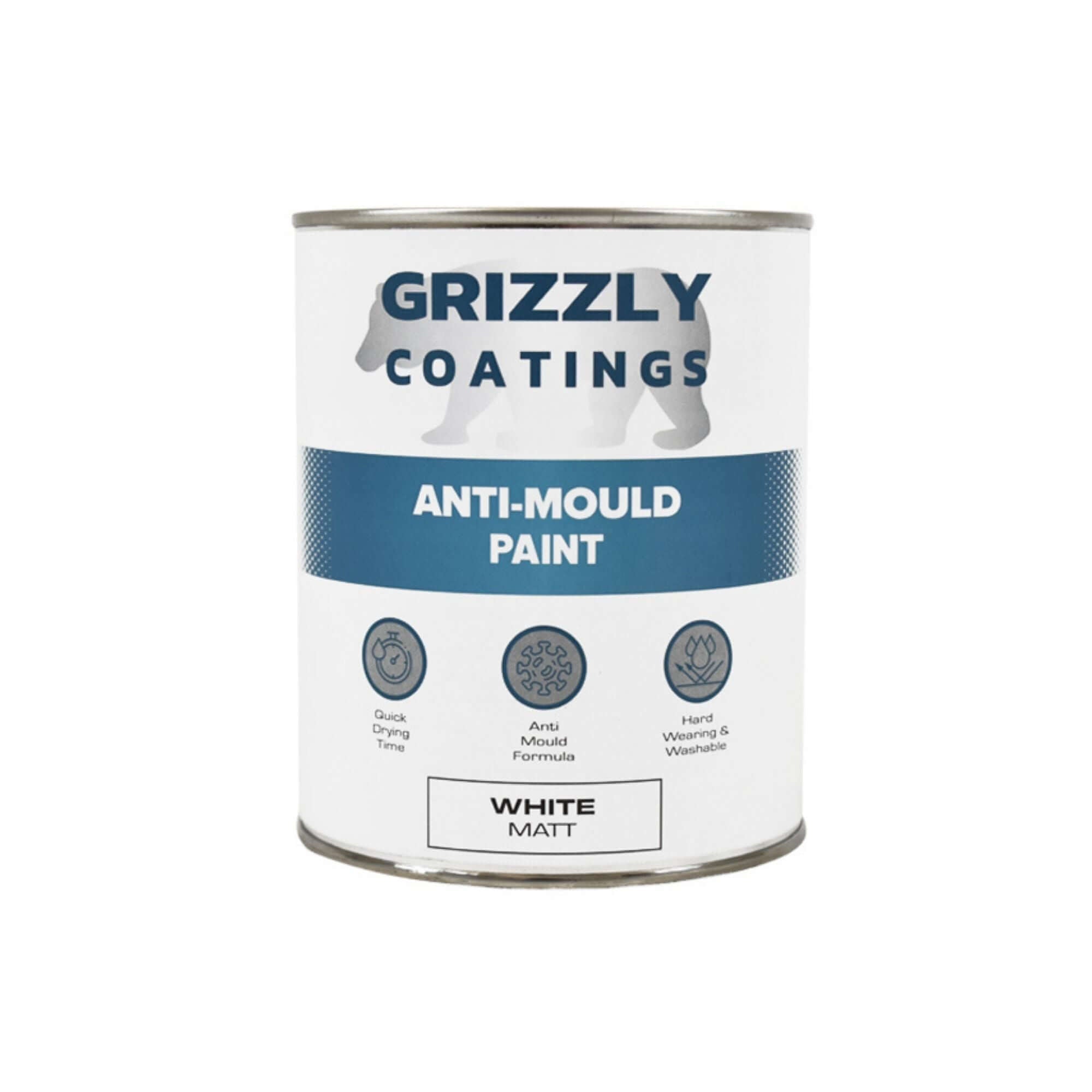 Grizzly Coatings Anti-Mould Paint 1 ltr can featuring white matt finish and anti-mould formula for high-condensation areas.