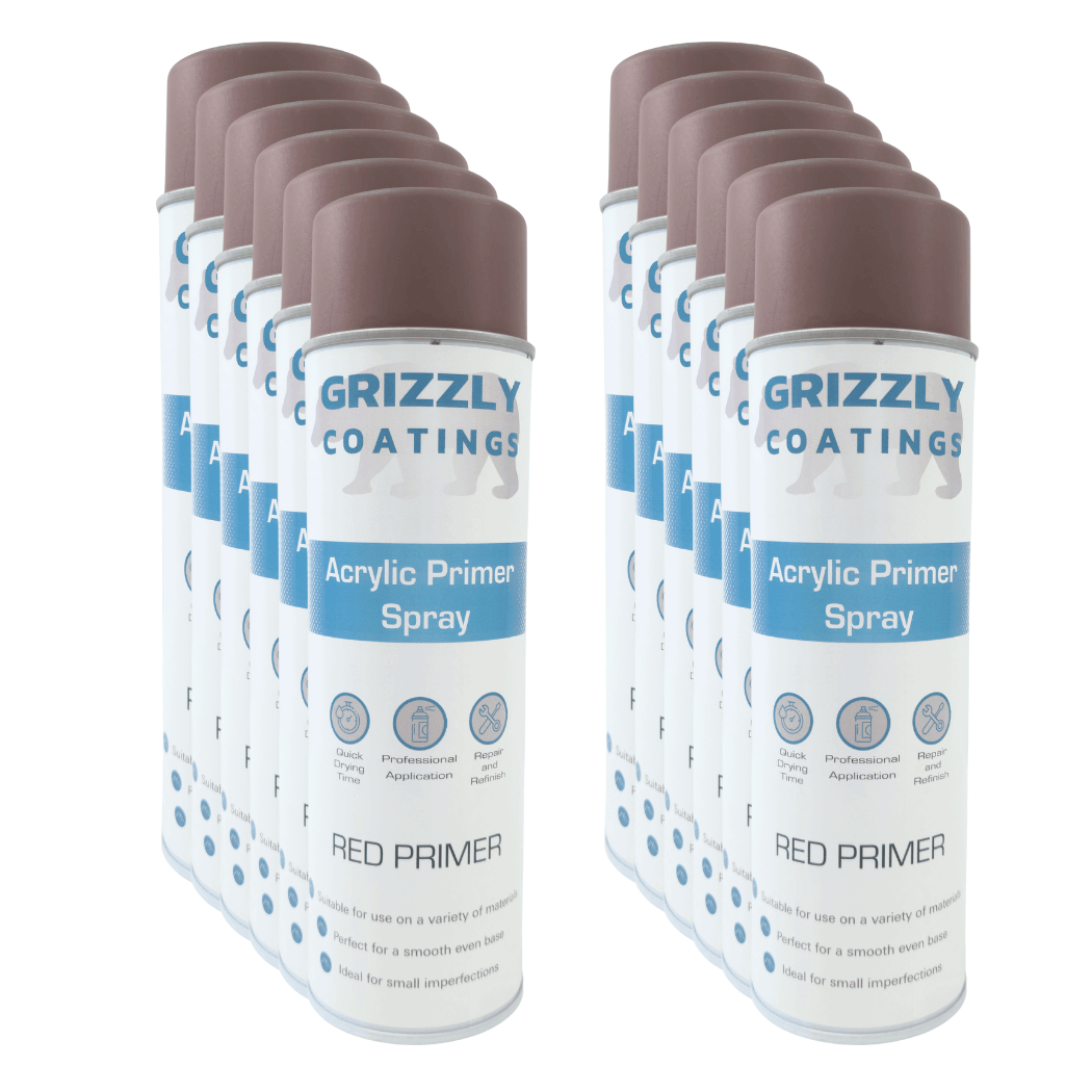 Grizzly Coatings Acrylic Primer (500ml) spray cans in a row, showing red primer for professional applications.
