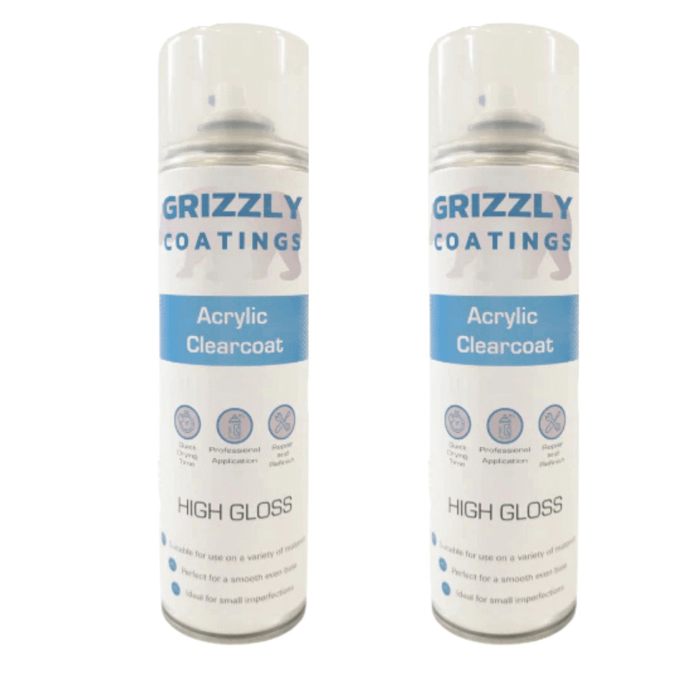 Grizzly Coatings Clear Acrylic Lacquer (500ml) aerosol cans with high gloss finish for protective coating.