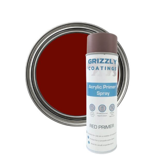 Grizzly Coatings acrylic primer spray can with red primer inside a metallic container on a white background