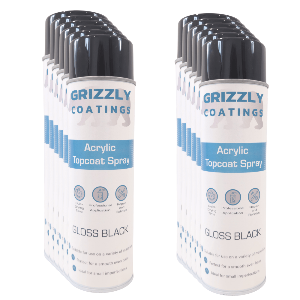 Grizzly Coatings Acrylic Topcoat Spray Paint (500ml) cans lined up in gloss black for automotive refinishing.