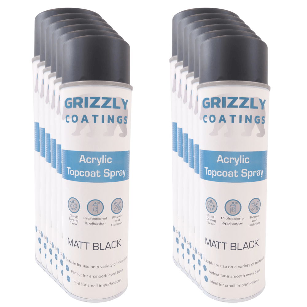 Grizzly Coatings Acrylic Topcoat Spray Paint (500ml) - Matt Black spray cans for automotive refinishing.
