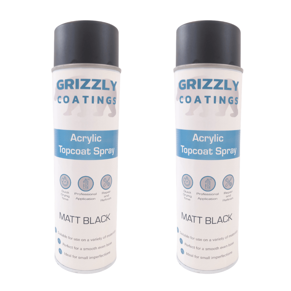 Grizzly Coatings Acrylic Topcoat Spray Paint (500ml) in Matt Black, ideal for automotive and industrial refinishing.