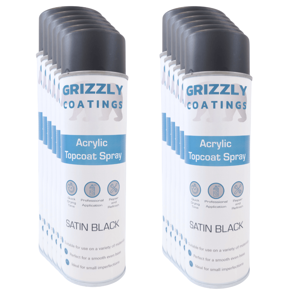 Grizzly Coatings Acrylic Topcoat Spray Paint (500ml) - Satin Black spray cans for automotive refinishing.