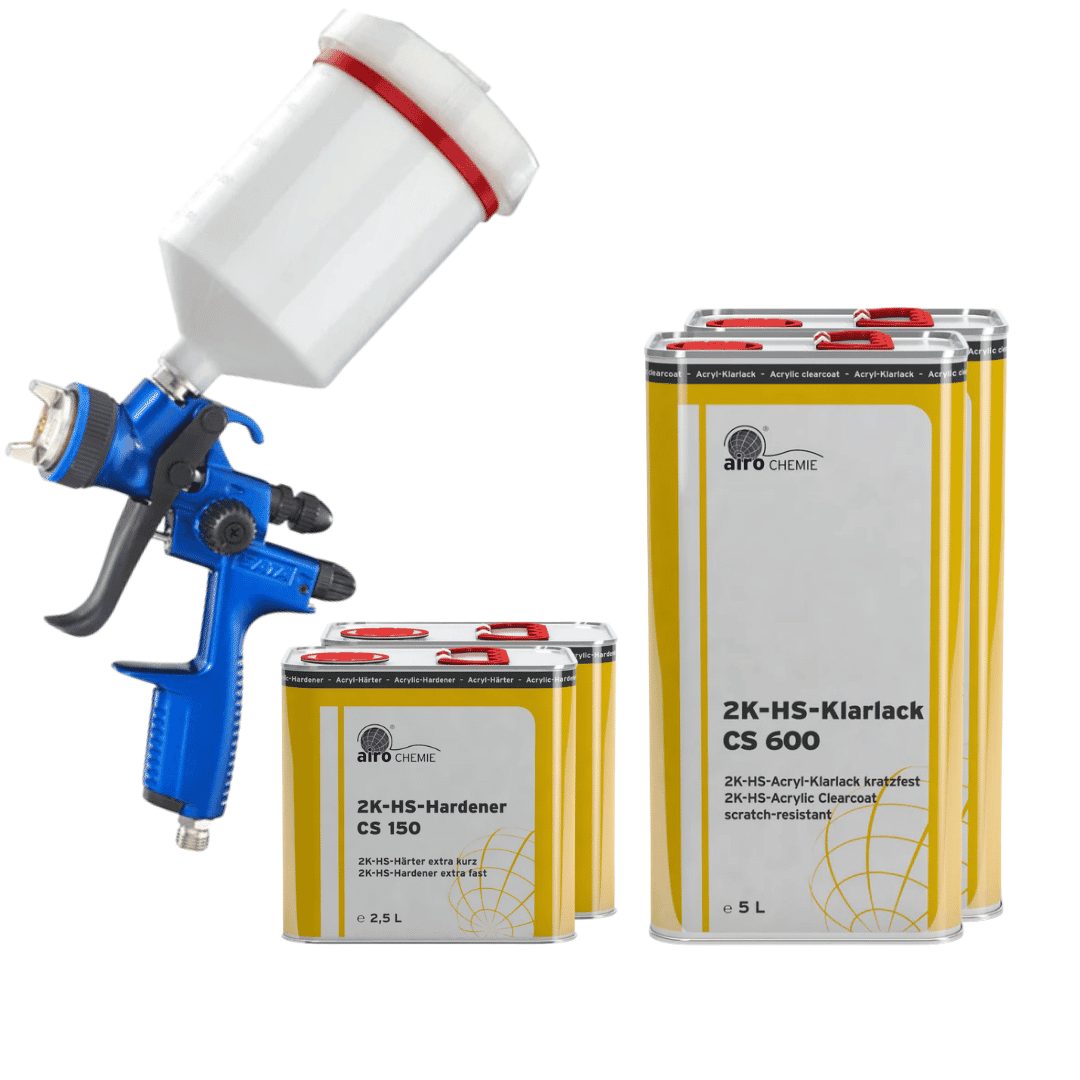 Airo-Chemie 2K HS Acrylic Clearcoat Scratch Resistant CS 600 (5L) x2 & Airo-Chemie 2K-HS-Hardener CS 150 Extra Fast (2.5L) x2 & SATAjet 1500 B Spray Gun (1.3mm RP Nozzle) and 600ml Cup
