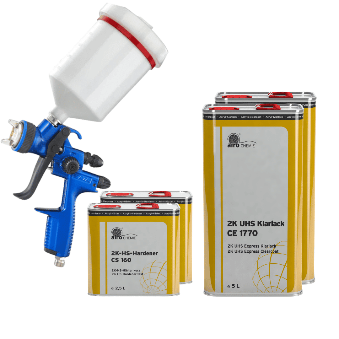 Airo-Chemie 2K UHS Express Clearcoat CE 1770 (5L) x 2 & 2K-HS-Hardener CS 160 Fast (2.5L) x2 & SATAjet 1500 B (1.3mm RP Nozzle) & 600ml Cup