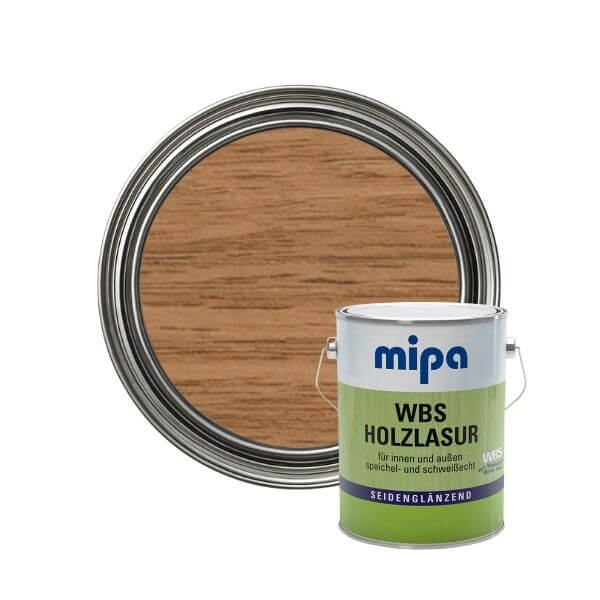 Mipa Paints WBS Wood Stain (2.5L) can with wood finish sample for interior and exterior use.