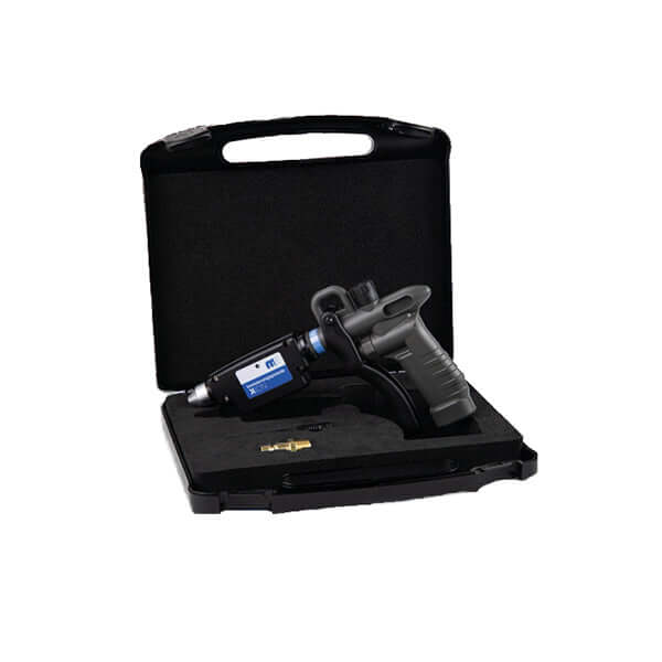 MP Ionising Spray Gun X-ION in a protective case, designed for anti-static dust reduction in spray booths.