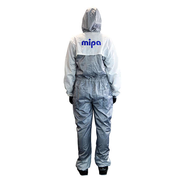 Mipa Premium Paint Overall showing durable, antistatic, water-repellent coveralls with hood and tool pockets.