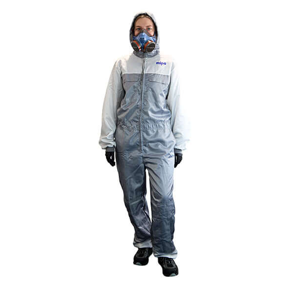 Mipa Premium Paint Overall worn by a person in a protective mask and hood for painting jobs.