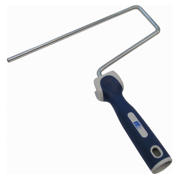Paint roller with blue handle and metal frame on a white background