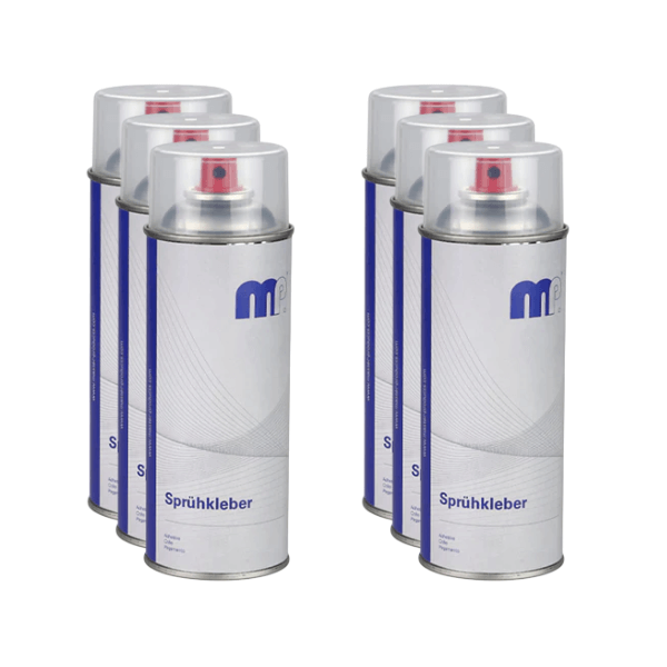MP Spray Glue 400ml cans in a group, ideal for bonding paper, wood, textiles, and plastics.