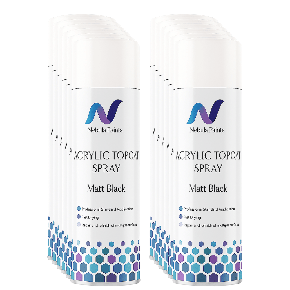 Nebula Paints Acrylic Topcoat Spray Paint (500 ml) Matt Black cans display for fast-drying car refinishing.