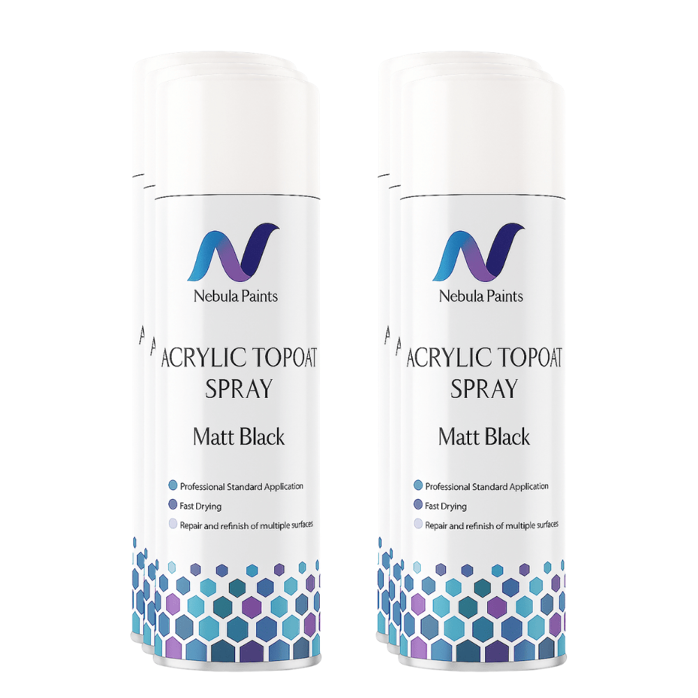 Nebula Paints Acrylic Topcoat Spray Paint (500 ml) bottles in Matt Black, fast-drying and professional standard application.