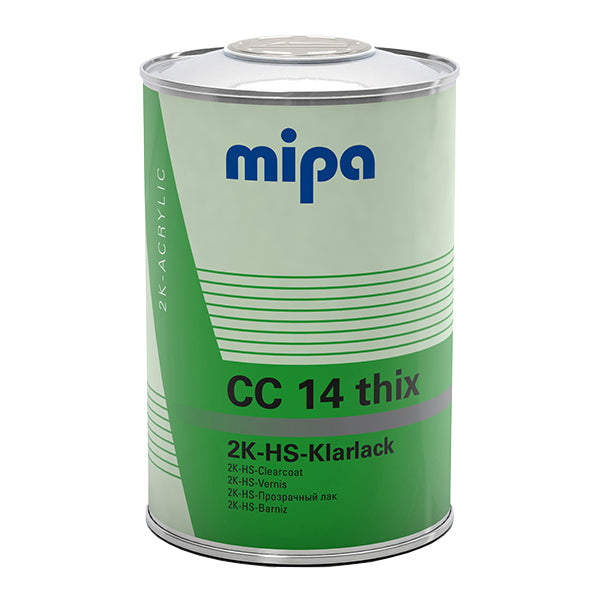 Green paint can with 'mipa' branding on a white background